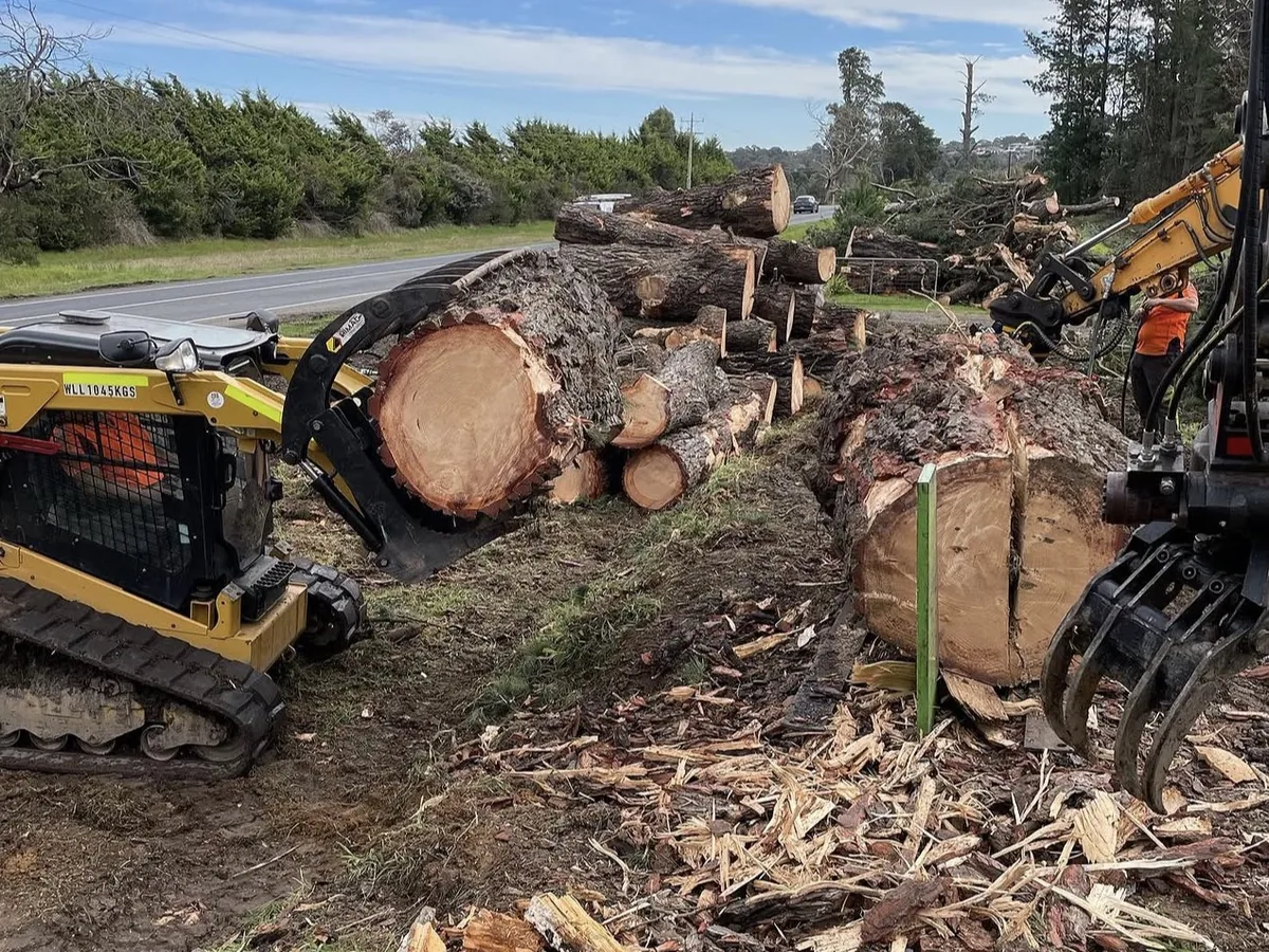 Tracked mulcher beside large log rounds and mulch after a major tree clearing job