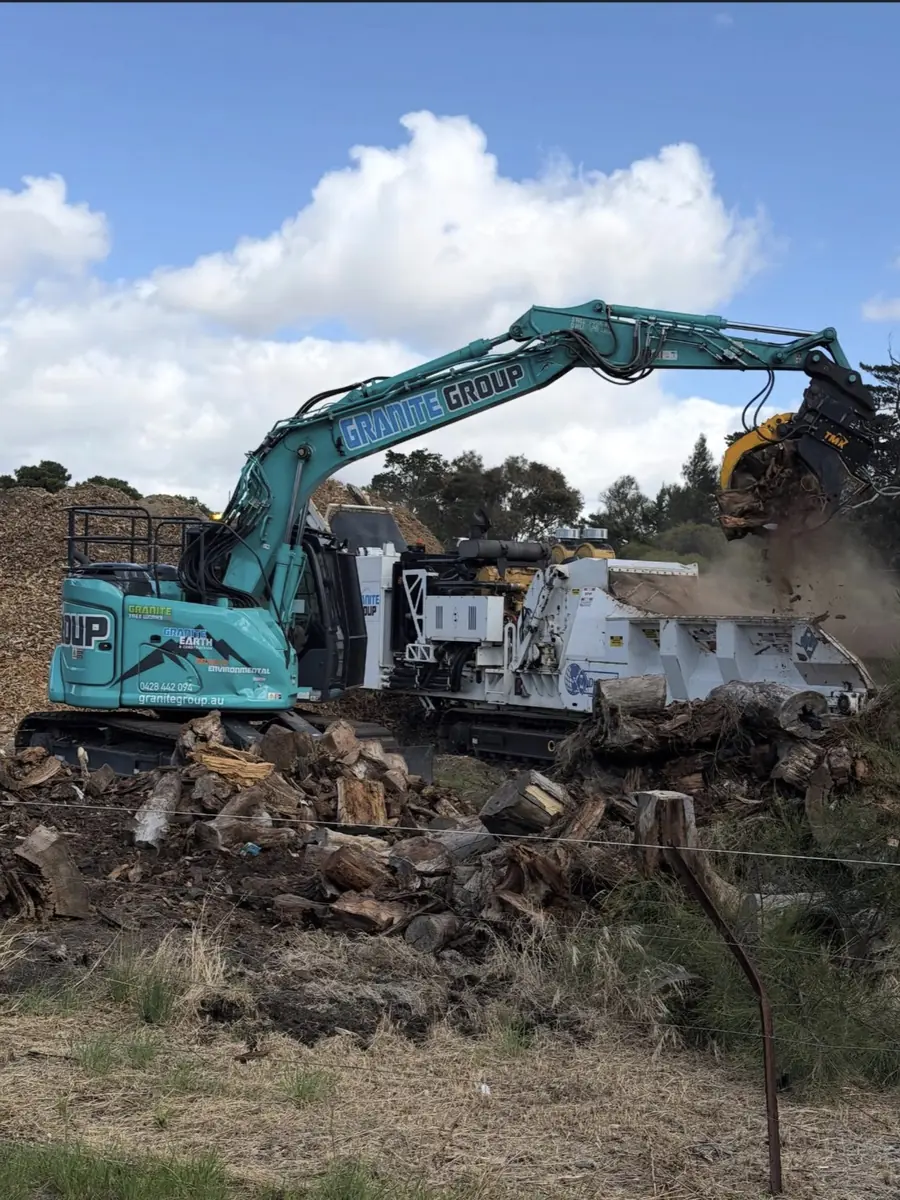 Granite Group excavator working alongside a tracked mulcher clearing a cleared lot